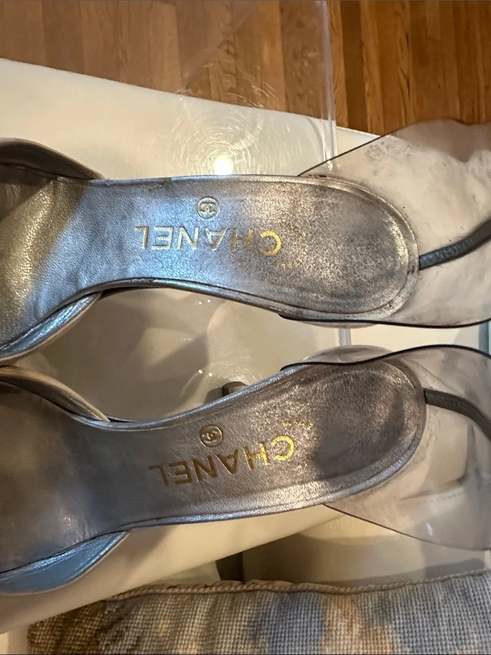 CHANEL Beige Leather Pumps with Clear Ankle Strap
